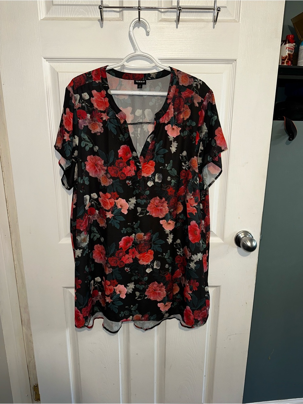 torrid Black Floral V-Neck Tunic with Red Blooms
